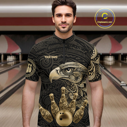 Black and Gold Eagle Tribal Bowling Polo, 1/4 Zip Shirts For Men Custom Retro Bowling Team Jerseys NQS11150