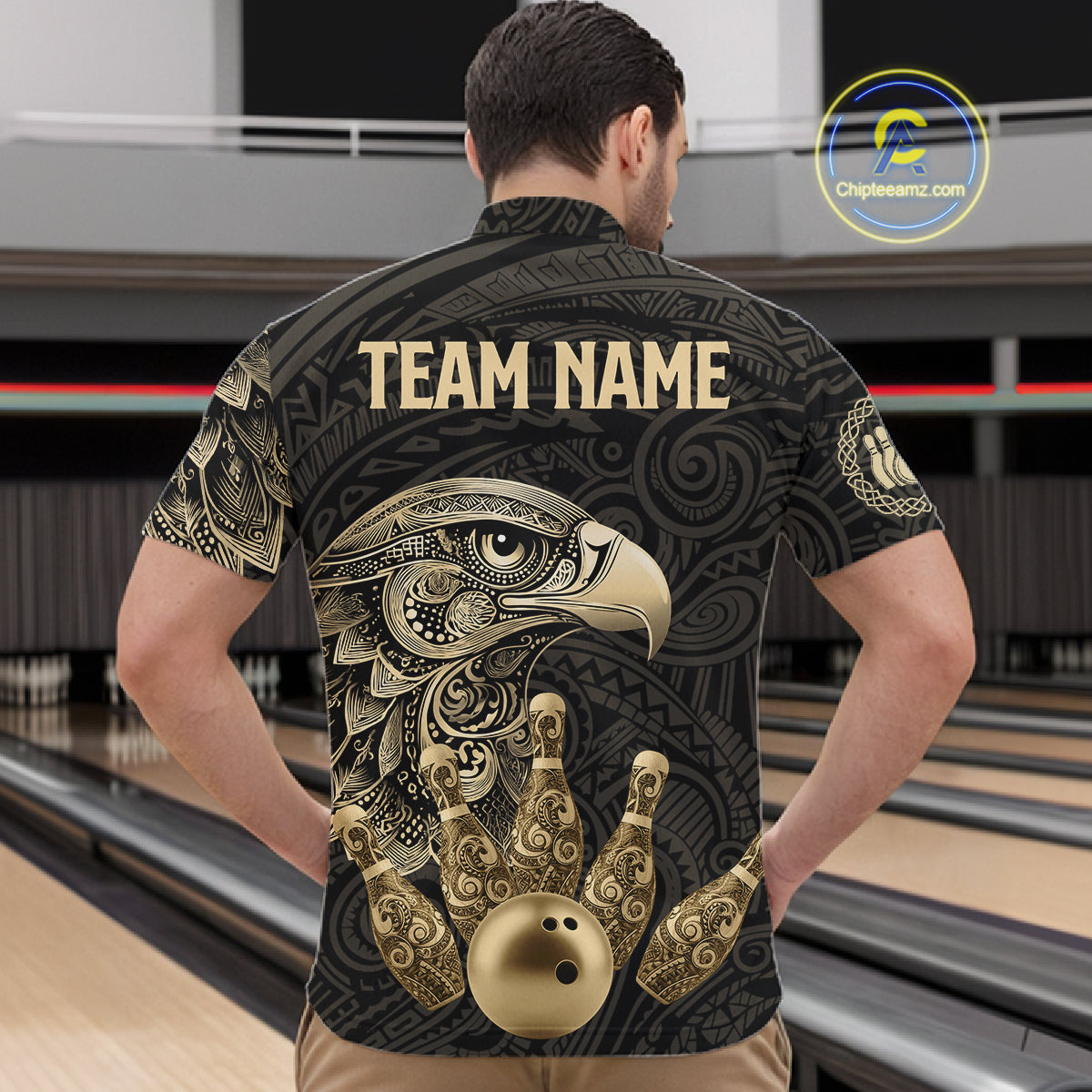 Black and Gold Eagle Tribal Bowling Polo, 1/4 Zip Shirts For Men Custom Retro Bowling Team Jerseys NQS11150