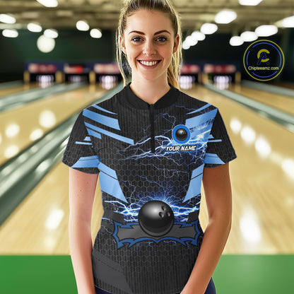 Black and Blue Lightning Thunder Bowling Shirts For Women Custom Bowling Team Jersey, Gift For Bowler NQS11140