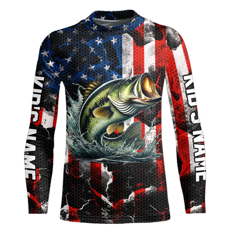 Largemouth Bass fishing American flag Custom UV protection performance long sleeve fishing jerseys NQS9276