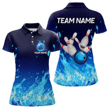 Load image into Gallery viewer, Blue Flame Fire Bowling Polo, Quarter Zip Shirts for Women Custom Bowling Team jerseys, Bowling Outfit NQS9285
