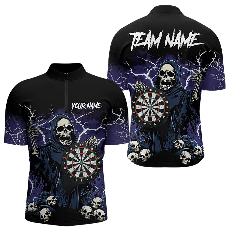 Purple Lightning Thunder Skull Darts Polo, Quarter zip Shirts For Men Custom Team Darts Jersey Outfit NQS9446