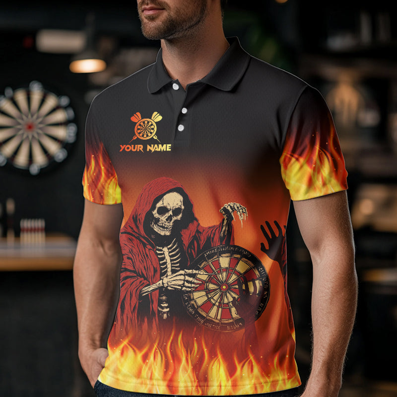 Flame Skull Reaper Darts Polo, Quarter zip Shirts For Men Custom Team Darts Jersey Outfit NQS9447