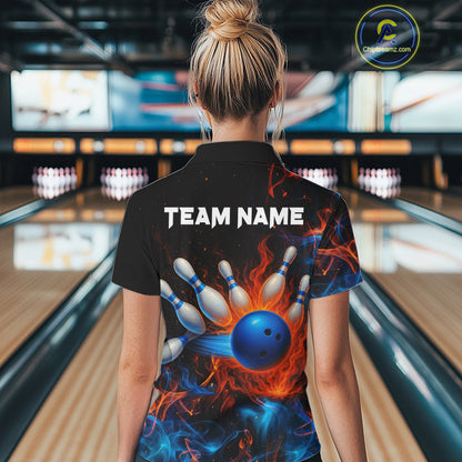 Blue and Orange Flame Bowling Polo, Quarter Zip Shirts for Women Custom Team bowling outfit uniform NQS10026
