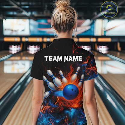 Blue and Orange Flame Bowling Polo, Quarter Zip Shirts for Women Custom Team bowling outfit uniform NQS10026