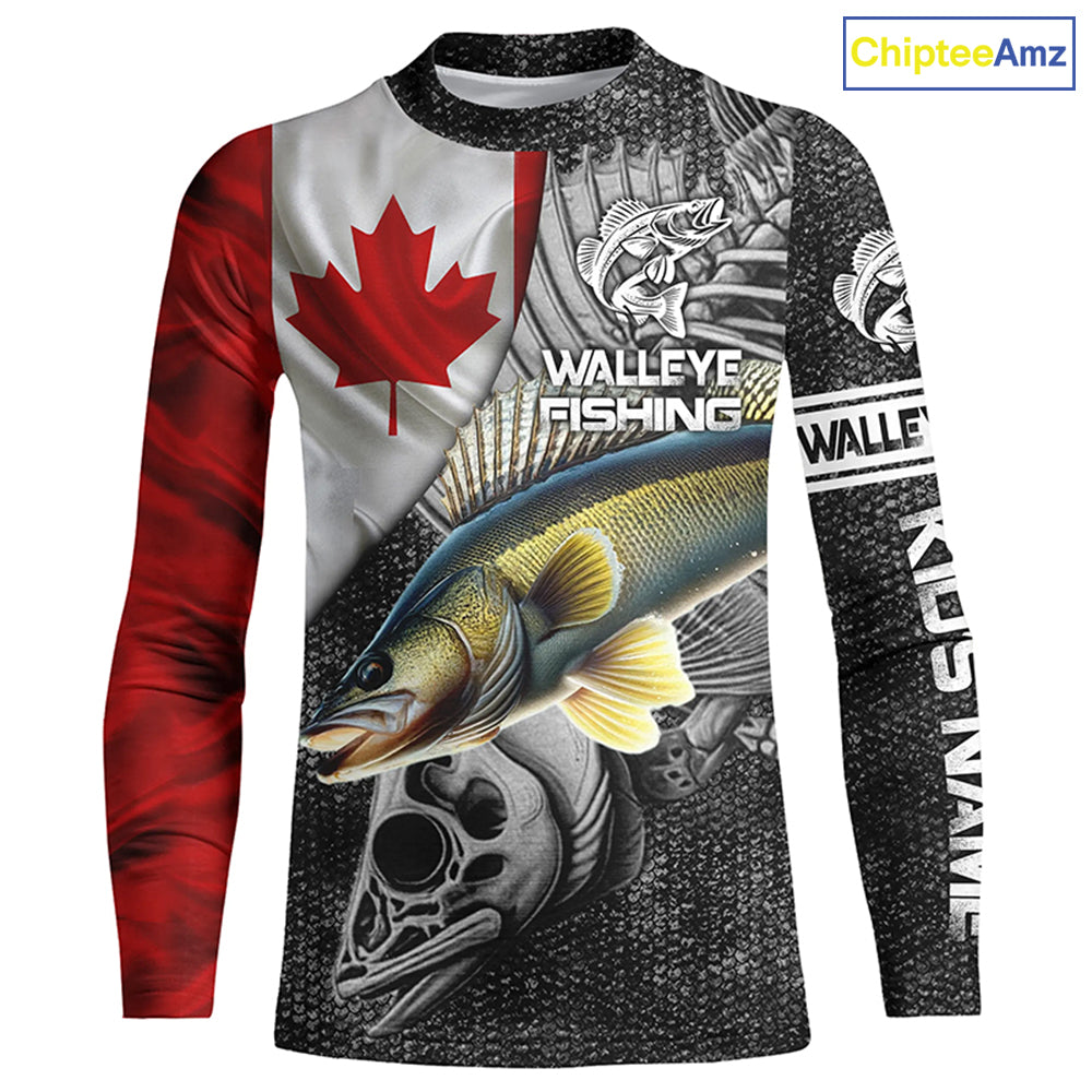 Canadian Flag Walleye Fishing Custom long sleeve performance Fishing Shirts, Walleye Fishing jerseys NQS3530