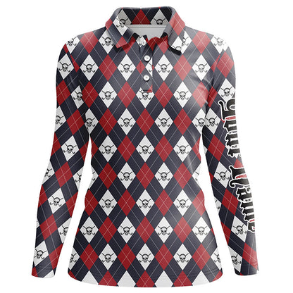 Womens golf polo shirts argyle plaid pattern golf skull custom name team ladies golf tops, golf gifts NQS6021