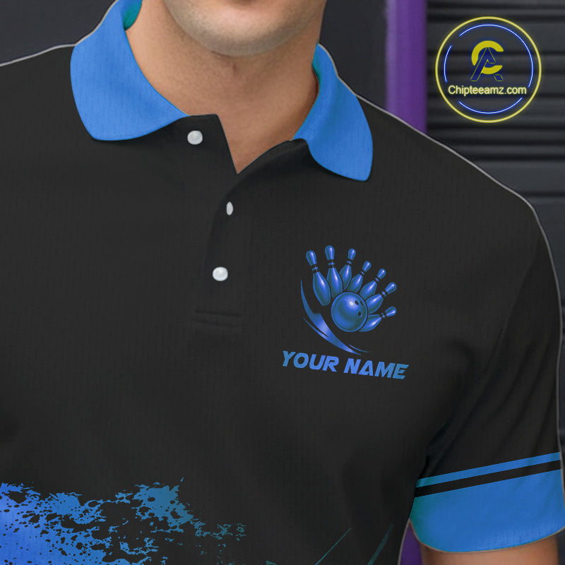 Custom Black And Blue Bowling Team Polo, Quarter-Zip Shirts For Men, Personalized Bowling Jerseys NQS10539