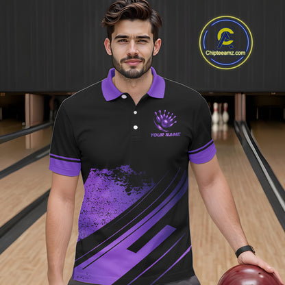 Custom Black And Purple Bowling Team Polo, Quarter-Zip Shirts For Men, Personalized Bowling Jerseys NQS10541