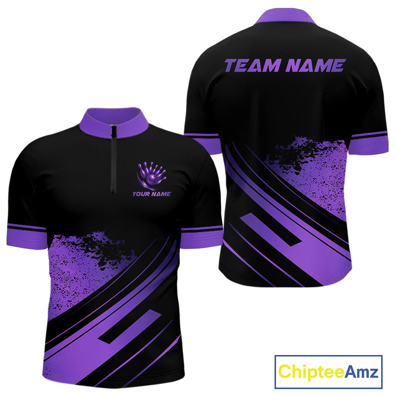 Custom Black And Purple Bowling Team Polo, Quarter-Zip Shirts For Men, Personalized Bowling Jerseys NQS10541
