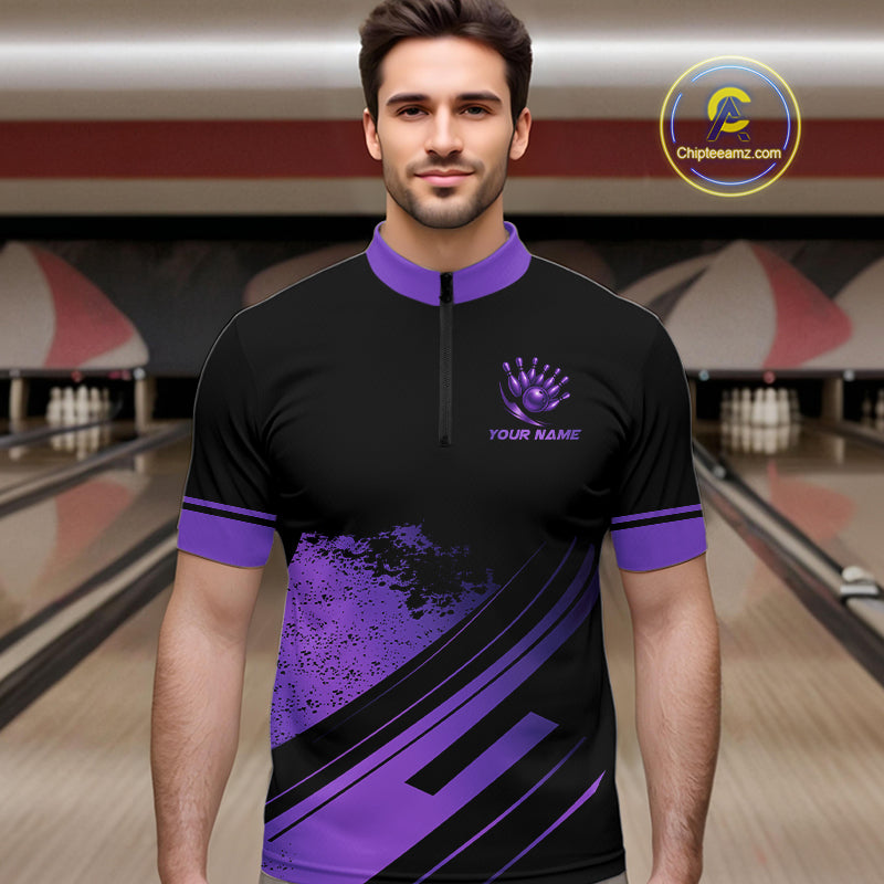 Custom Black And Purple Bowling Team Polo, Quarter-Zip Shirts For Men, Personalized Bowling Jerseys NQS10541