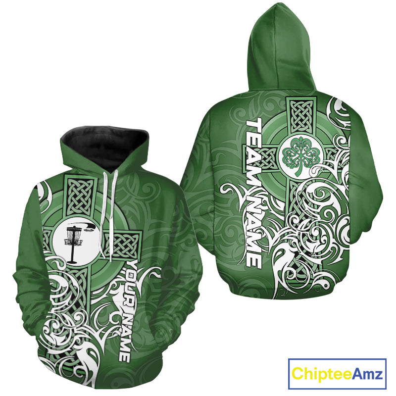 Green Irish Tribal Cross St Patrick's Day Disc Golf Polo Shirts Custom Lucky Disc Golf Team Outfits NQS11336