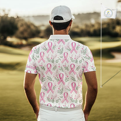 Pink ribbons floral pattern Breast Cancer golf polo shirts for men Custom team golf attire for men NQS11551