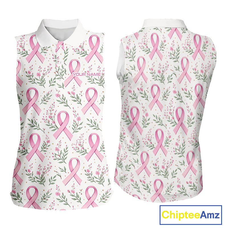 Pink ribbons floral pattern Breast Cancer sleeveless golf polo shirts Custom team ladies golf attire NQS11551