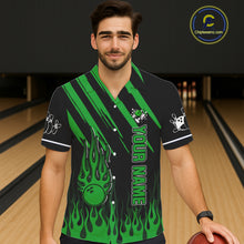 Load image into Gallery viewer, Black and Green Flame Retro Bowling Button-up Shirt Custom Vintage Team Hawaiian Bowling Jersey NQS11677