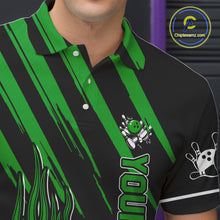 Load image into Gallery viewer, Black and Green Flame Retro Bowling Polo, 1/4 Zip Shirt for Men Custom Vintage Team Bowling Jersey NQS11677