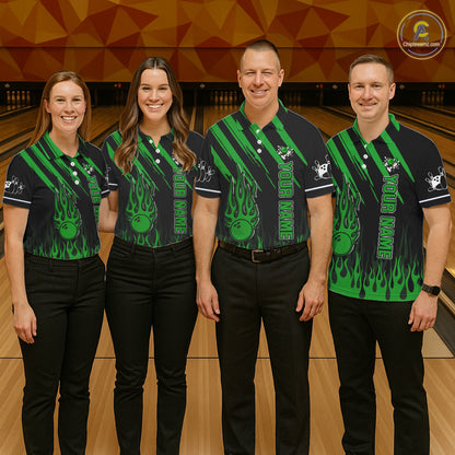 Black and Green Flame Retro Bowling Polo, 1/4 Zip Shirt for Men Custom Vintage Team Bowling Jersey NQS11677