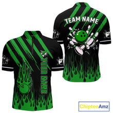 Load image into Gallery viewer, Black and Green Flame Retro Bowling Polo, 1/4 Zip Shirt for Men Custom Vintage Team Bowling Jersey NQS11677