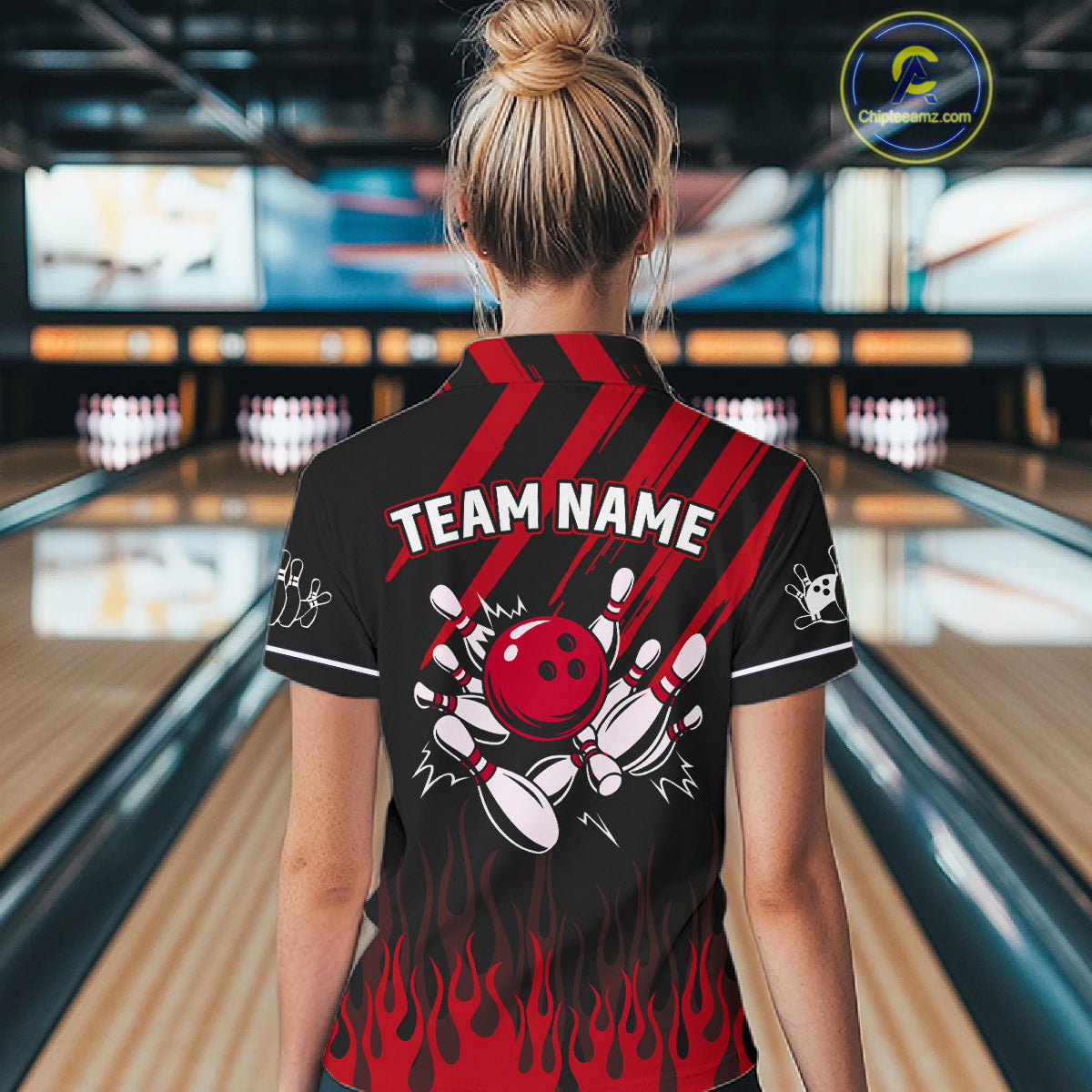 Black and Red Flame Retro Bowling Polo, 1/4 Zip Shirt for Women Custom Vintage Team Bowling Jersey NQS11678
