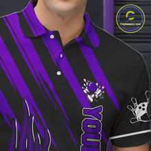Load image into Gallery viewer, Black and Purple Flame Retro Bowling Polo, 1/4 Zip Shirt for Men Custom Vintage Team Bowling Jersey NQS11679