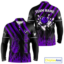 Load image into Gallery viewer, Black and Purple Flame Retro Bowling Polo, 1/4 Zip Shirt for Men Custom Vintage Team Bowling Jersey NQS11679