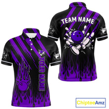 Load image into Gallery viewer, Black and Purple Flame Retro Bowling Polo, 1/4 Zip Shirt for Men Custom Vintage Team Bowling Jersey NQS11679