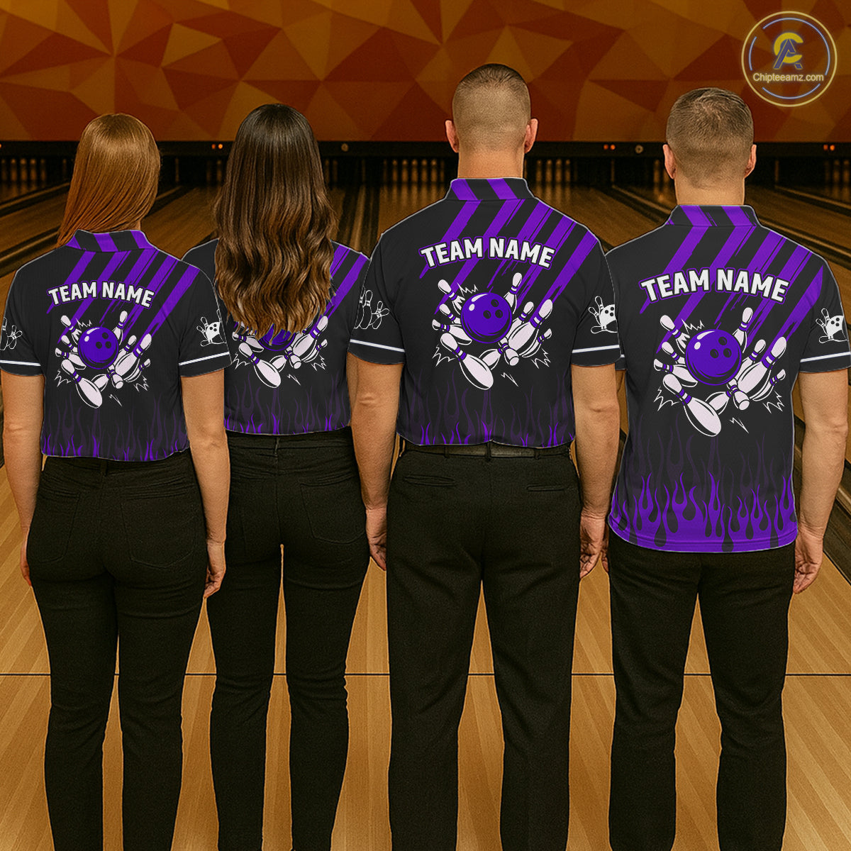 Black and Purple Flame Retro Bowling Polo, 1/4 Zip Shirt for Women Custom Vintage Team Bowling Jersey NQS11679