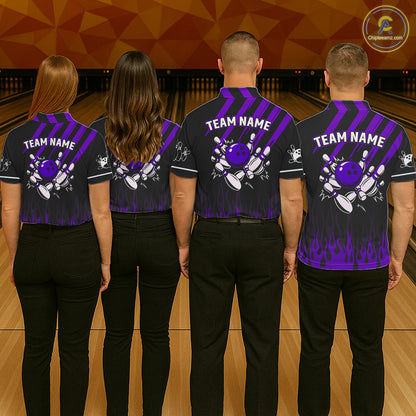 Black and Purple Flame Retro Bowling Polo, 1/4 Zip Shirt for Women Custom Vintage Team Bowling Jersey NQS11679