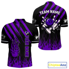 Load image into Gallery viewer, Black and Purple Flame Retro Bowling Polo, 1/4 Zip Shirt for Men Custom Vintage Team Bowling Jersey NQS11679