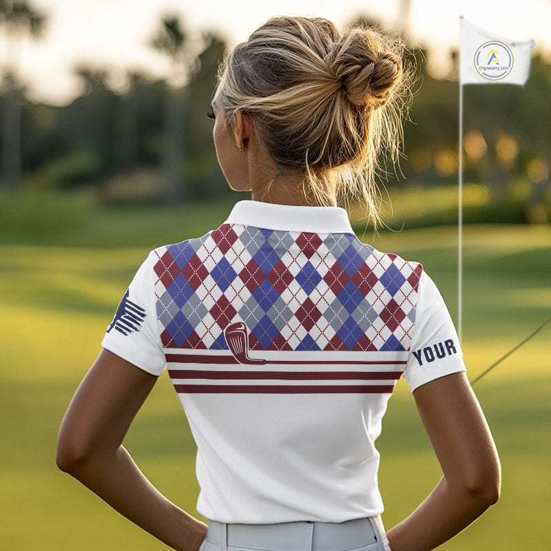 Red, White and Blue argyle pattern golf clubs Women Golf polo shirts Custom golf attire for ladies NQS10030