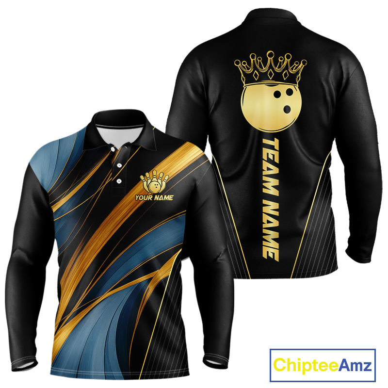 Blue and Gold Bowling ball Polo, Quarter Zip Shirts for Men Custom Bowling Outfit Team bowlers jersey NQS10032