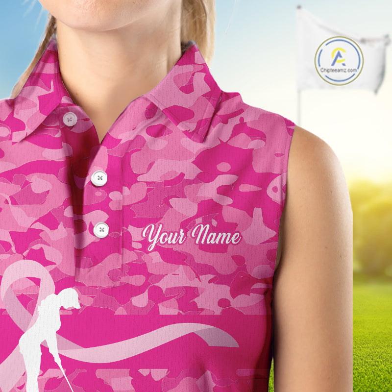 Breast Cancer Awareness golf shirts custom Women sleeveless golf polos, pink camo ribbon golf shirts NQS10191