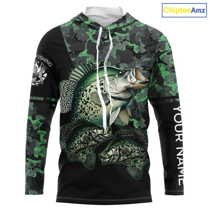 Crappie fishing black green camo personalized custom name sun protection long sleeve fishing shirts NQS3837