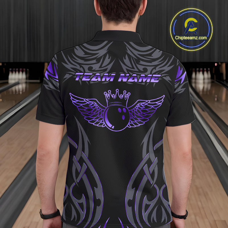 Personalized Black And Purple tribal pattern Bowling Shirts For Men, angel wings Bowling Team jerseys NQS10760