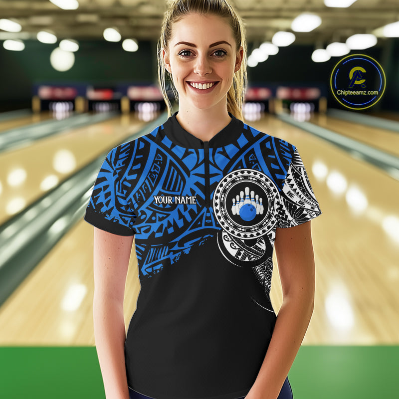 Personalized Black and Blue Tribal pattern Women Bowling Shirt Custom Team Bowling outfit for ladies NQS10762
