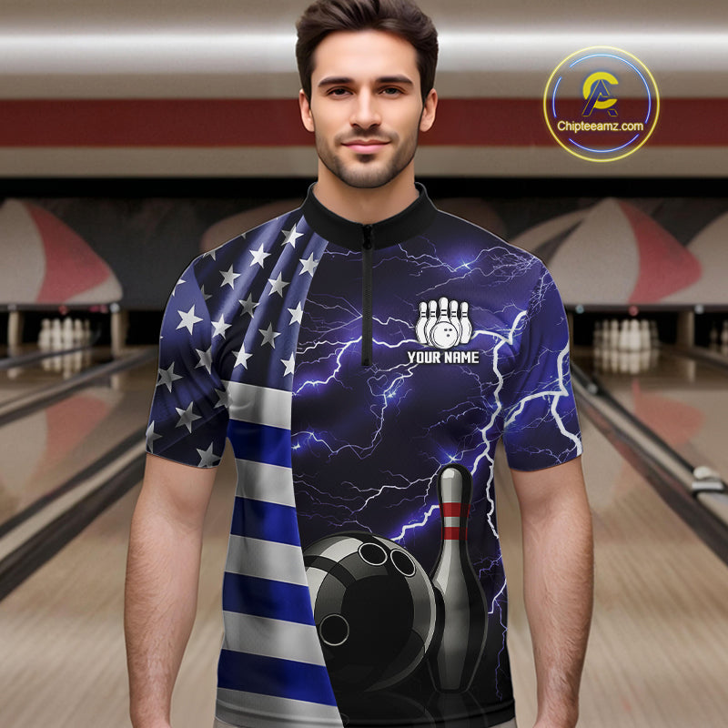 Blue Lightning Thunder American Flag Bowling Shirts For Men Custom patriotic team bowling jerseys NQS10960