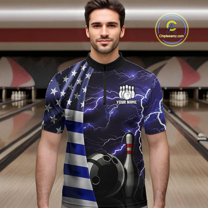 Blue Lightning Thunder American Flag Bowling Shirts For Men Custom patriotic team bowling jerseys NQS10960