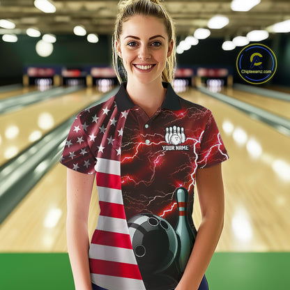 Red Lightning Thunder American Flag Bowling Shirts For Women Custom patriotic team bowling jerseys NQS10961