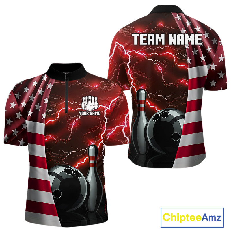 Red Lightning Thunder American Flag Bowling Shirts For Men Custom patriotic team bowling jerseys NQS10961