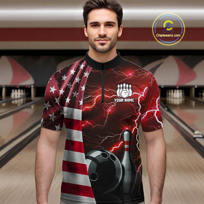 Red Lightning Thunder American Flag Bowling Shirts For Men Custom patriotic team bowling jerseys NQS10961