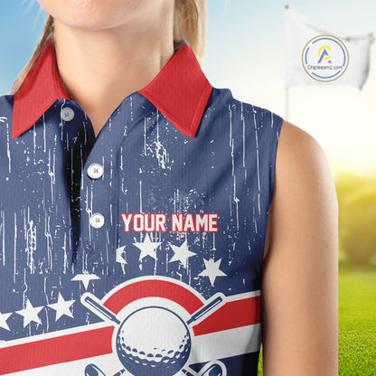 Red, White and Blue Grunge Women's Sleeveless polo shirt Custom Patriotic Team Golf Outfit For Ladies NQS11344