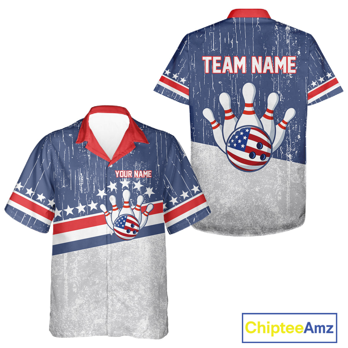 Red, White and Blue Grunge American Flag Bowling Hawaiian Shirt Custom Patriotic Team Bowling jersey NQS11345