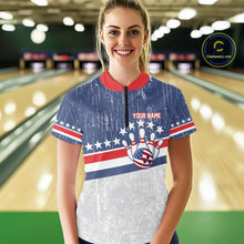Load image into Gallery viewer, Red, White and Blue Grunge American Flag Bowling Shirt For Women Custom Patriotic Team Bowling jersey NQS11345