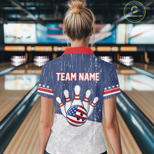 Load image into Gallery viewer, Red, White and Blue Grunge American Flag Bowling Shirt For Women Custom Patriotic Team Bowling jersey NQS11345