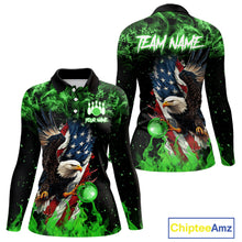 Load image into Gallery viewer, Green Flame American Flag Eagle bowling shirts for Women Custom Bowling Team Jersey, gift for Bowler NQS11555