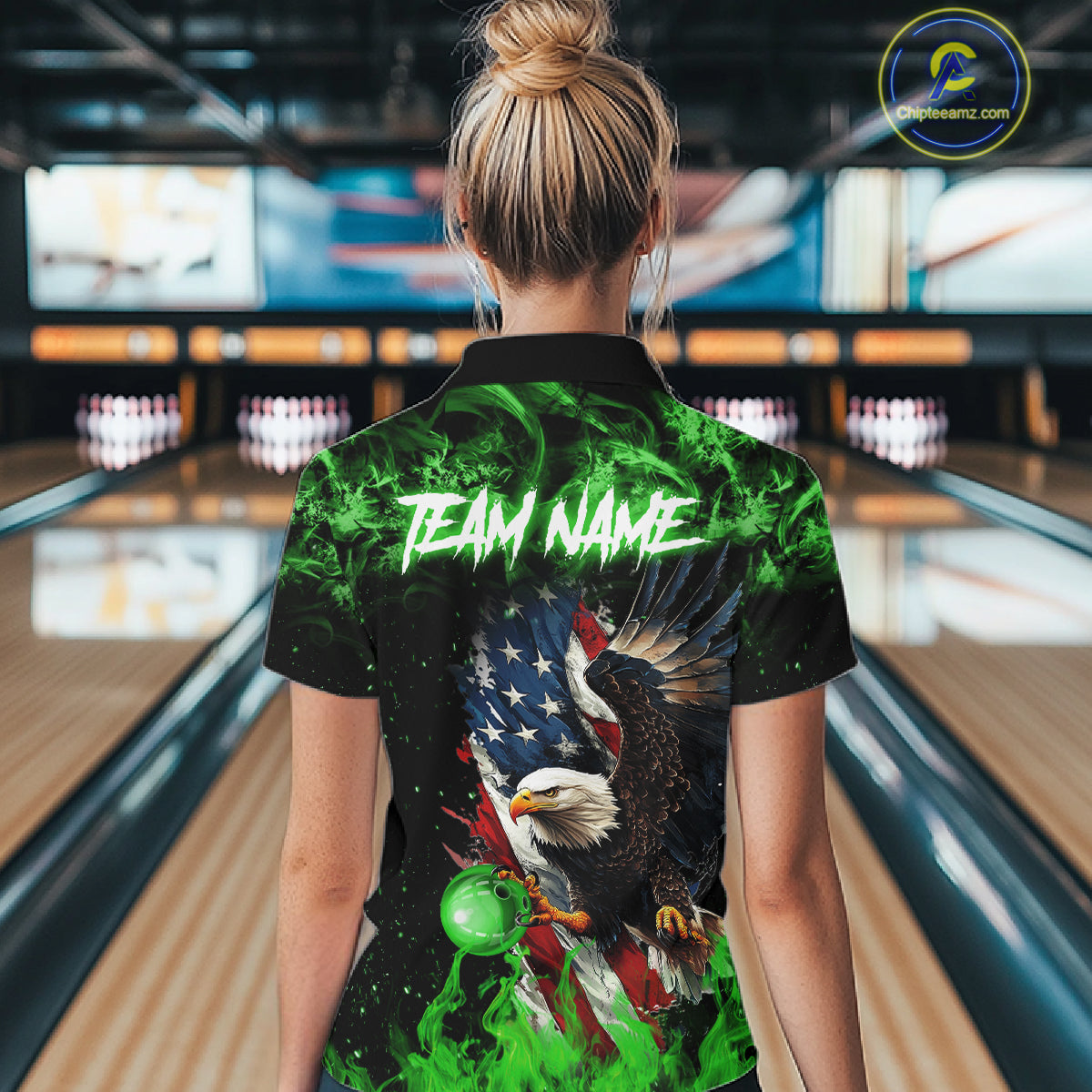 Green Flame American Flag Eagle bowling shirts for Women Custom Bowling Team Jersey, gift for Bowler NQS11555