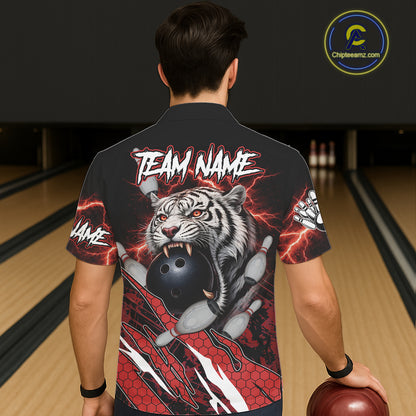 Black and Red Lightning Thunder Tiger Bowling Hawaiian Jersey, Bowling Team button-up shirts NQS11571