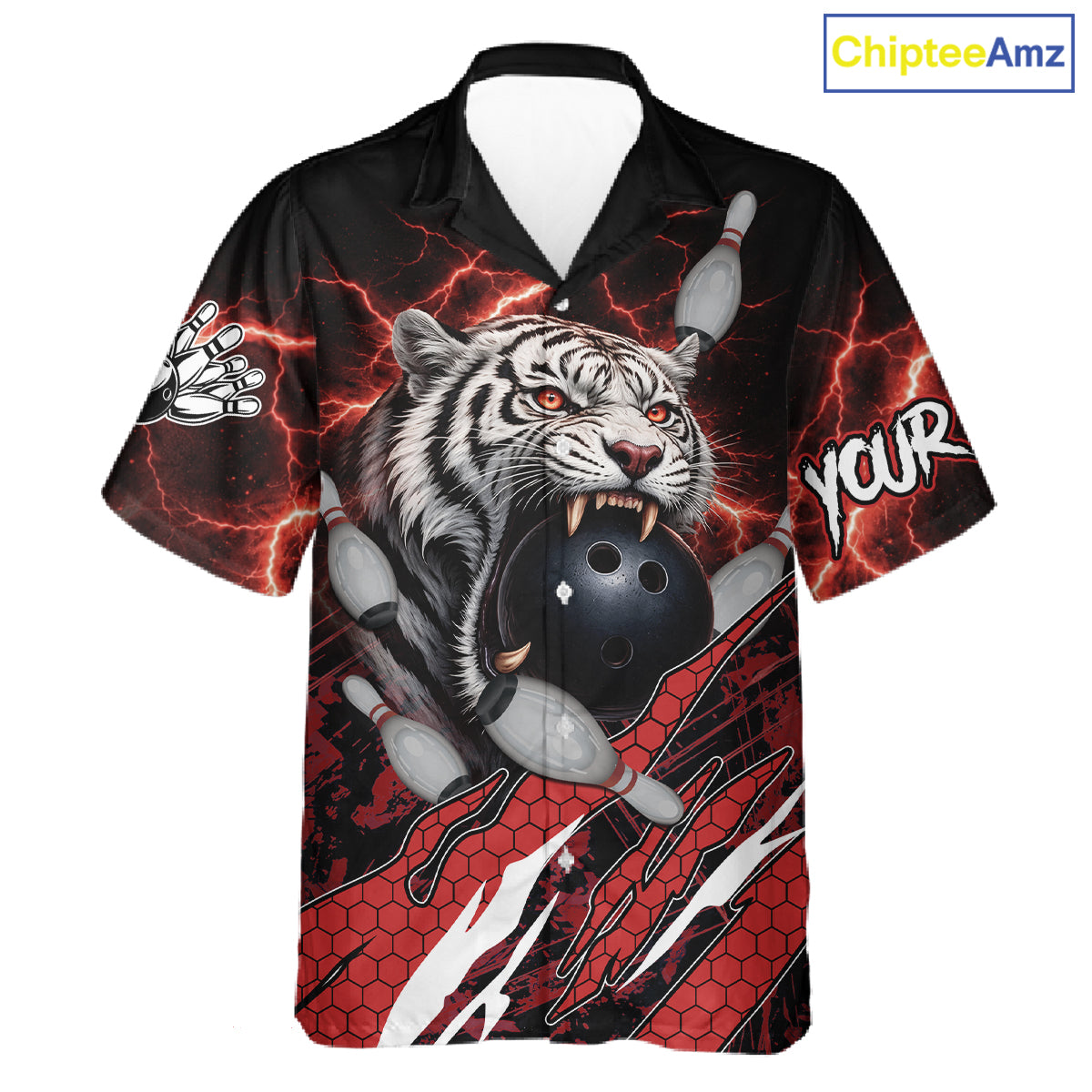 Black and Red Lightning Thunder Tiger Bowling Hawaiian Jersey, Bowling Team button-up shirts NQS11571