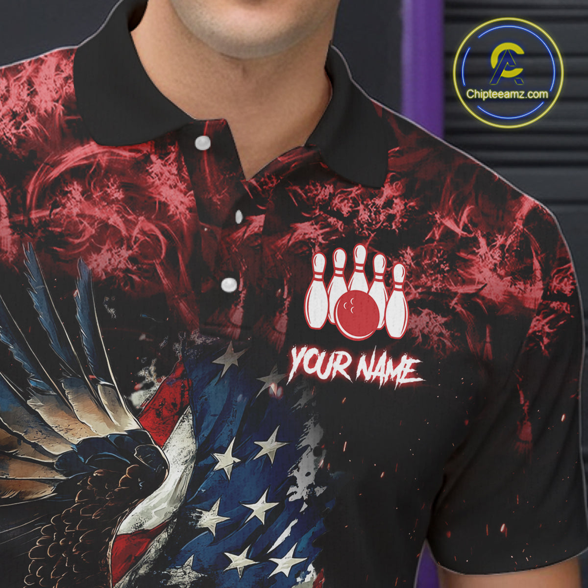 Red Flame American Flag Eagle bowling shirts for Men Custom Bowling Team Jersey, gift for Bowler NQS11556