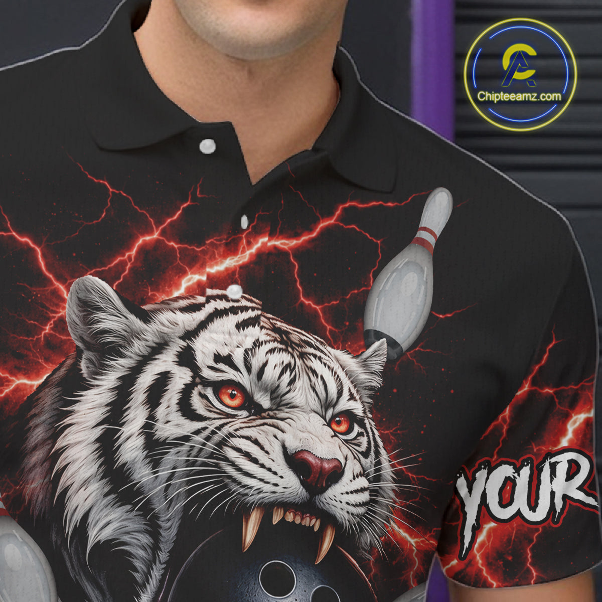 Black and Red Lightning Thunder Tiger Bowling Polo, 1/4 Zip Jersey for Men, Tiger Bowling Team shirts NQS11571
